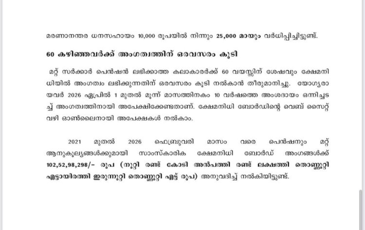 കലാകാരന്മാരുടെ പെൻഷൻ 5000 രൂപയാക്കി ചികിത്സാ സഹായവും കൂട്ടി സാംസ്കാരിക ക്ഷേമ നിധി ബോർഡ് വിജ്ഞാപനം.