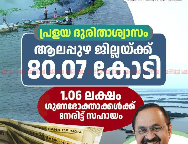 കാലവർഷക്കെടുതി ആലപ്പുഴയ്ക്ക് 80.07 കോടി രൂപയുടെ ധനസഹായം പ്രഖ്യാപിച്ച് സംസ്ഥാന സർക്കാർ