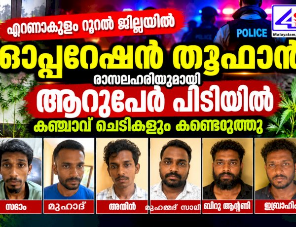 ഓപ്പറേഷൻ തൂഫാൻ ആൾതാമസമില്ലാത്ത വീട്ടിൽ കഞ്ചാവ് ചെടികൾ, രാസലഹരിയുമായി 6 പേർ അറസ്റ്റിൽ